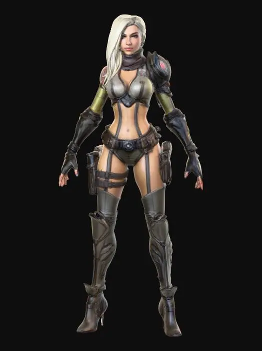 3D model for A highly detailed full-body, front view a beautiful and attractive young female character. The character should be visible from head to toe. The style of Borderlands 2 game, with thick black outlines, cel-shaded textures, exaggerated facial features, gritty details, and a comic-book appearance. The character should be visible from head to toe. She should have a vibrant but muted color palette, with bold highlights and a rugged, post-apocalyptic look. 