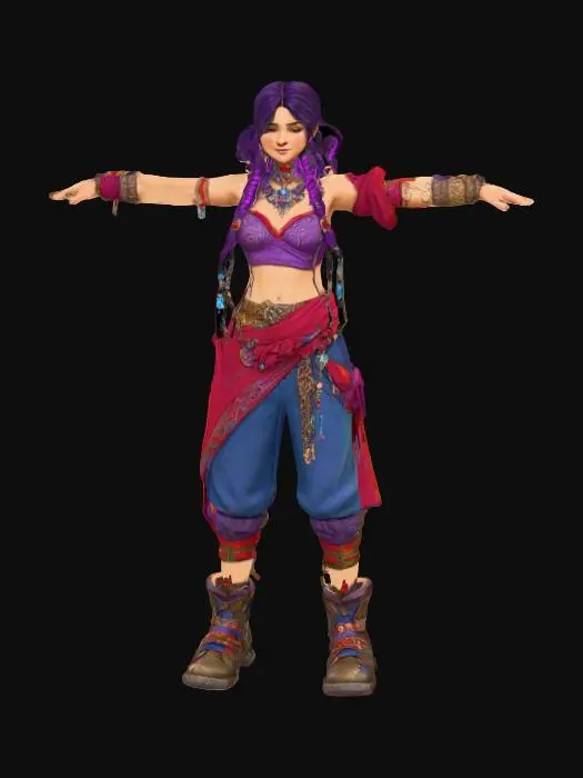 3D model for A highly detailed full-body, full view of a beautiful and attractive young  warrior character. The character should be visible from head to toe. Character is dressed in rustic outfit  and oversized boots.  The style of Borderlands 2 game, with thick black outlines, cel-shaded textures, exaggerated facial features, gritty details, and a comic-book appearance. Character should have a vibrant, colorful palette with bold highli fantasy look., The presented object is a digital illustration of a person wearing layered, ornate attire with red and blue hues, featuring intricate patterns and textures, accessorized with jewelry and decorative elements, conveying a vibrant and culturally inspired aesthetic. Character in a T Pose