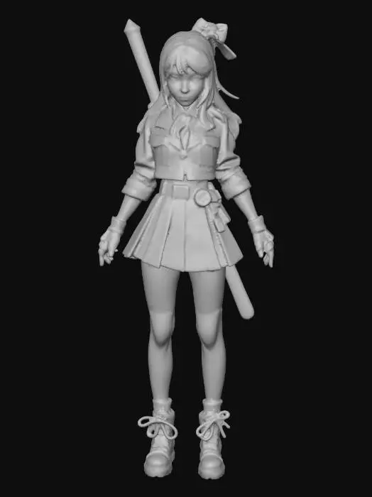 3D model for A stylized female character with long dark hair, parted bangs, and striking light blue eyes, stands in an upright posture. She wears a dark, glossy leather-like jacket over a crisp white shirt with a prominent red bow tie. A short, pleated plaid skirt, featuring red, black, and grey patterns, complements black fingerless gloves and dark stockings. Her sturdy, dark boots are accented with bright red laces and elaborate red fabric ties. A katana with a patterned hilt and dark scabbard is securely strapped to her back. The character is in a A- pose. The image is in a Borderlands 2 game style, cell-shaded, exaggerated facial features