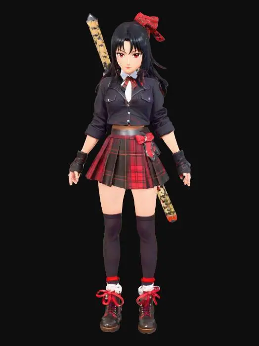 3D model for A stylized female character with long dark hair, parted bangs, and striking light blue eyes, stands in an upright posture. She wears a dark, glossy leather-like jacket over a crisp white shirt with a prominent red bow tie. A short, pleated plaid skirt, featuring red, black, and grey patterns, complements black fingerless gloves and dark stockings. Her sturdy, dark boots are accented with bright red laces and elaborate red fabric ties. A katana with a patterned hilt and dark scabbard is securely strapped to her back. The character is in a A- pose. The image is in a Borderlands 2 game style, cell-shaded, exaggerated facial features
