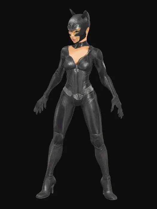 3D model for Beautiful catwoman, stylized, blend of allure and danger,  matte and subtly glossy textures on her suit, finely sculpted zippers and seams, depth and realism, . The sharp claws on her gloved hands and the distinctive cat-eared cowl with vibrant red goggles, exaggerated, facial features, cells shaded, facing front, Full body, t-pose