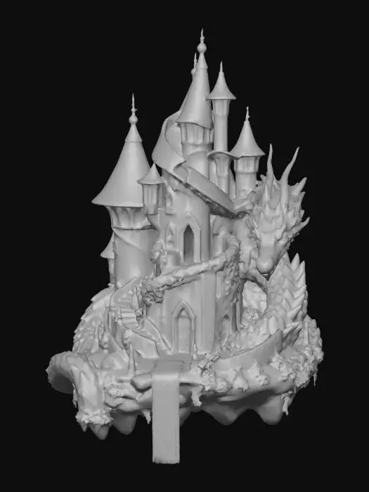 3D model for The object is a fantastical castle with intricate, swirling architectural shapes and a vivid, textured surface reminiscent of a painting, featuring conical rooftops, a winding staircase, and a flowing waterfall. Green flowering bushes and flowering vines go up pristine walls. Hyper, realistic style, bright colors, the statue of a dragon made from multi faceted, shining gemstones winding its way around the castle