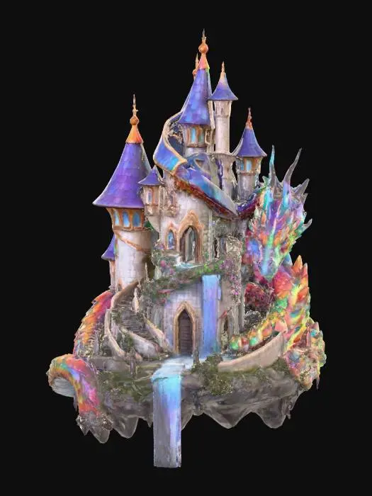 3D model for The object is a fantastical castle with intricate, swirling architectural shapes and a vivid, textured surface reminiscent of a painting, featuring conical rooftops, a winding staircase, and a flowing waterfall. Green flowering bushes and flowering vines go up pristine walls. Hyper, realistic style, bright colors, the statue of a dragon made from multi faceted, shining gemstones winding its way around the castle