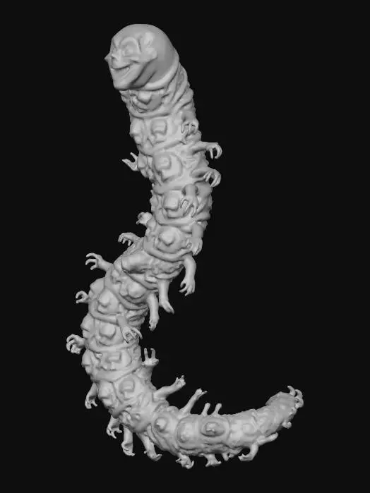 3D model for The object is a human centiped composed of multiple interwoven, textured human-like faces and limbs.  Each segment of the centipede has a human face with wide, terrified eyes, and their bodies are intertwined with intricate, organic patter