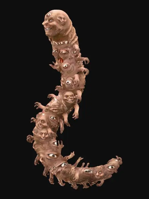 3D model for The object is a human centiped composed of multiple interwoven, textured human-like faces and limbs.  Each segment of the centipede has a human face with wide, terrified eyes, and their bodies are intertwined with intricate, organic patter