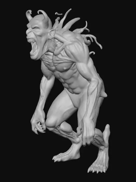 3D model for A distorted, fleshy abomination, a chaotic mass of human bodies. Its primary color is an unsettling, mottled purple-grey, interspersed with sickly green veins that throb beneath a slick, gelatinous skin. Multiple orifices, ringed with gnashing, misshapen teeth, open and close erratically, emitting wet, guttural sounds. The entire structure seems to pulsate with a dreadful, unnatural life.