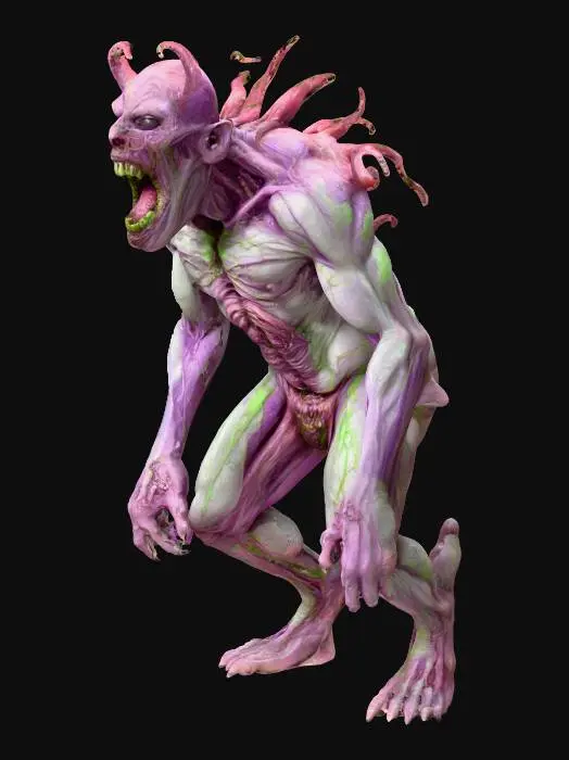 3D model for A distorted, fleshy abomination, a chaotic mass of human bodies. Its primary color is an unsettling, mottled purple-grey, interspersed with sickly green veins that throb beneath a slick, gelatinous skin. Multiple orifices, ringed with gnashing, misshapen teeth, open and close erratically, emitting wet, guttural sounds. The entire structure seems to pulsate with a dreadful, unnatural life.