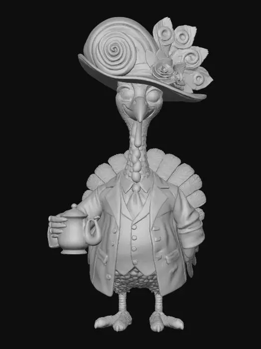 3D model for The object features a tall, colorful animated turkey character with a large, colorful hat adorned with floral and feather-like textures, wearing a colorful formal outfit with a mix of smooth and patterned surfaces, holding a small decorative teapot.