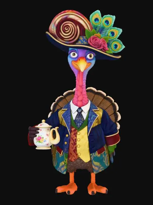 3D model for The object features a tall, colorful animated turkey character with a large, colorful hat adorned with floral and feather-like textures, wearing a colorful formal outfit with a mix of smooth and patterned surfaces, holding a small decorative teapot.