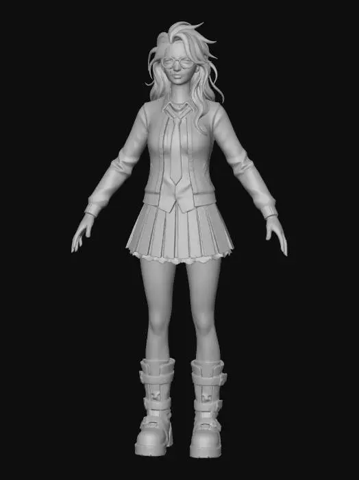 3D model for A highly detailed full-body, full view of a beautiful and attractive young  school girl character. The character should be visible from head to toe. Character is dressed in cardigan style school jacket, white shirt with a tie and oversized boots.  The style of Borderlands 2 game, with thick black outlines, cel-shaded textures, exaggerated facial features, gritty details, and a comic-book appearance. Character should have a vibrant, colorful color palette with bold highlights and a rugged, school girl fantasy look.