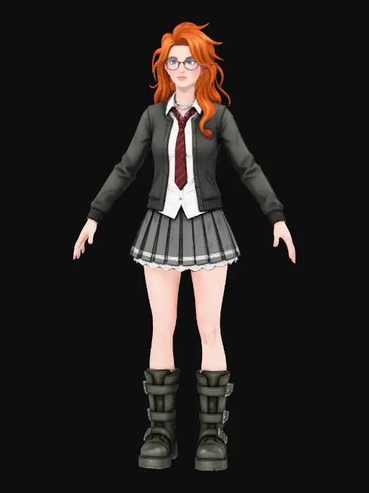 3D model for A highly detailed full-body, full view of a beautiful and attractive young  school girl character. The character should be visible from head to toe. Character is dressed in cardigan style school jacket, white shirt with a tie and oversized boots.  The style of Borderlands 2 game, with thick black outlines, cel-shaded textures, exaggerated facial features, gritty details, and a comic-book appearance. Character should have a vibrant, colorful color palette with bold highlights and a rugged, school girl fantasy look.