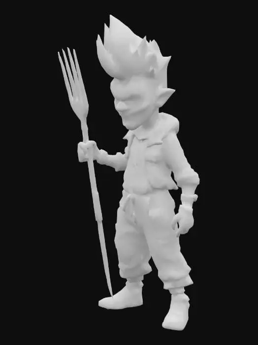 3D model for Create a 3D model of a villain character with a spiky hairstyle, in the art style of Decintt. The design should be cartoonish and exaggerated, with a surreal streetwear aesthetic. Think bold shapes, oversized shoes, strange facial proportions, and urban vibes. The character should have a slightly menacing expression, holding an unusual weapon (like a giant fork or key), and wearing grungy, stylized clothes. Keep the textures rough, low-res, and hand-painted, like early 2000s game graphics. The vibe should be raw, edgy, and weirdly cool.