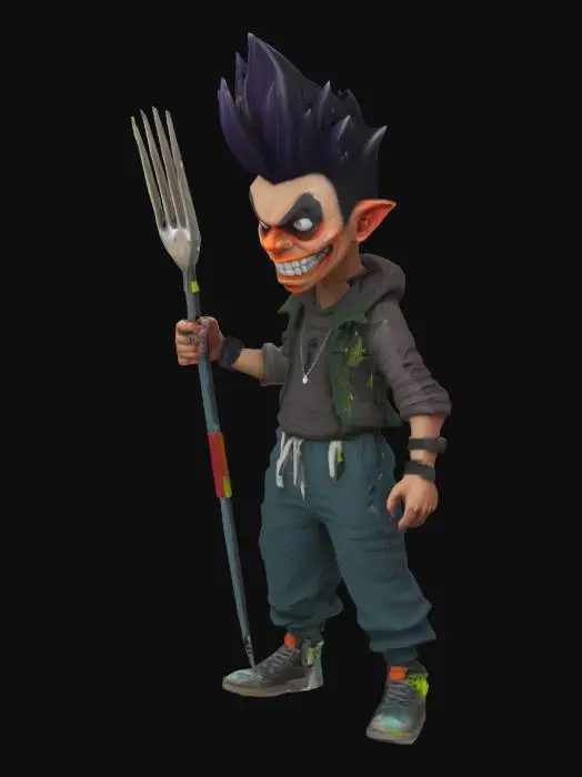 3D model for Create a 3D model of a villain character with a spiky hairstyle, in the art style of Decintt. The design should be cartoonish and exaggerated, with a surreal streetwear aesthetic. Think bold shapes, oversized shoes, strange facial proportions, and urban vibes. The character should have a slightly menacing expression, holding an unusual weapon (like a giant fork or key), and wearing grungy, stylized clothes. Keep the textures rough, low-res, and hand-painted, like early 2000s game graphics. The vibe should be raw, edgy, and weirdly cool.