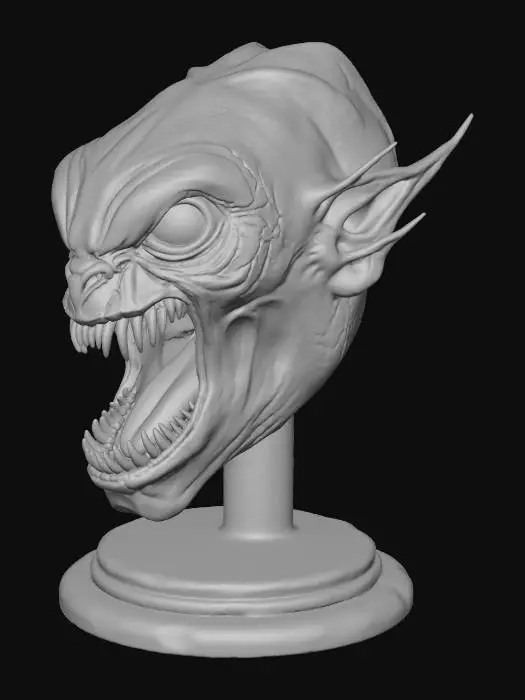 3D model for A 3D model of a classic trophy, 15 cm tall. The trophy features a menacing alien head as the centerpiece, with detailed sculpting for dramatic effect, suitable for single-color printing.