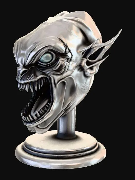 3D model for A 3D model of a classic trophy, 15 cm tall. The trophy features a menacing alien head as the centerpiece, with detailed sculpting for dramatic effect, suitable for single-color printing.