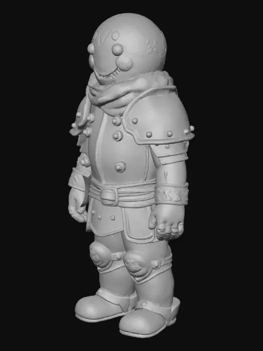 3D model for Основной промт (на английском, как наиболее эффективный):

Highly detailed 3D model, a fearsome "Gingerbread Warrior". Stylized, dark fantasy, food-themed character.

Concept: A grim and battle-worn gingerbread man, slightly burnt and hardened by fire. He is a veteran of cookie wars.

Body: Texture of a overbaked, crispy gingerbread cookie with deep, dark brown (almost black) burnt patches, cracks, and a rough, craggy surface. The body looks hard and durable.

Armor: A heavy, battered iron breastplate and pauldrons, forged in a crude, barbaric style. Embedded in the chestplate are large, jagged, amber-colored caramel crystals that glow with a faint inner fire. The metal is rusty and scratched.

Scarf: A tattered, red and white striped New Year's scarf, stained and worn, billowing dramatica