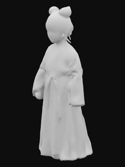 3D model for Create a 3D model of a young girl from the Han Dynasty in ancient China. She should have a traditional Han-style outfit, featuring a flowing ruqun (a long skirt and jacket) in pastel colors, such as light pink and white with delicate floral patterns. She has a youthful and innocent appearance, with neatly combed black hair styled into a double bun, adorned with small, traditional hairpins or ornaments. Her expression is calm and gentle, with a slight smile. 