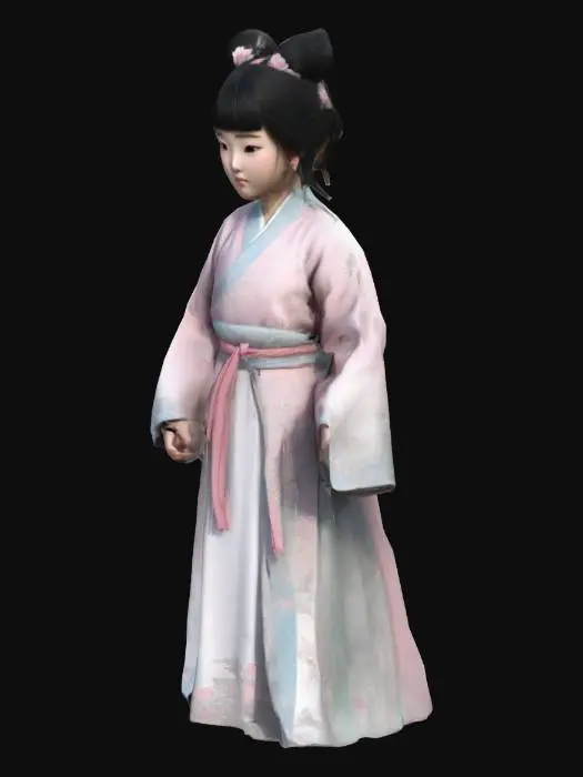 3D model for Create a 3D model of a young girl from the Han Dynasty in ancient China. She should have a traditional Han-style outfit, featuring a flowing ruqun (a long skirt and jacket) in pastel colors, such as light pink and white with delicate floral patterns. She has a youthful and innocent appearance, with neatly combed black hair styled into a double bun, adorned with small, traditional hairpins or ornaments. Her expression is calm and gentle, with a slight smile. 