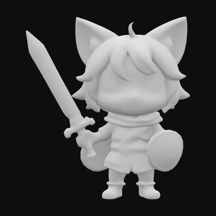 3D model for A chibi hero character for a MMO RPG in a moé anime style, the character itself is a cute catboy with cat ears and a cat tail, he is wielding a sword and a shield.