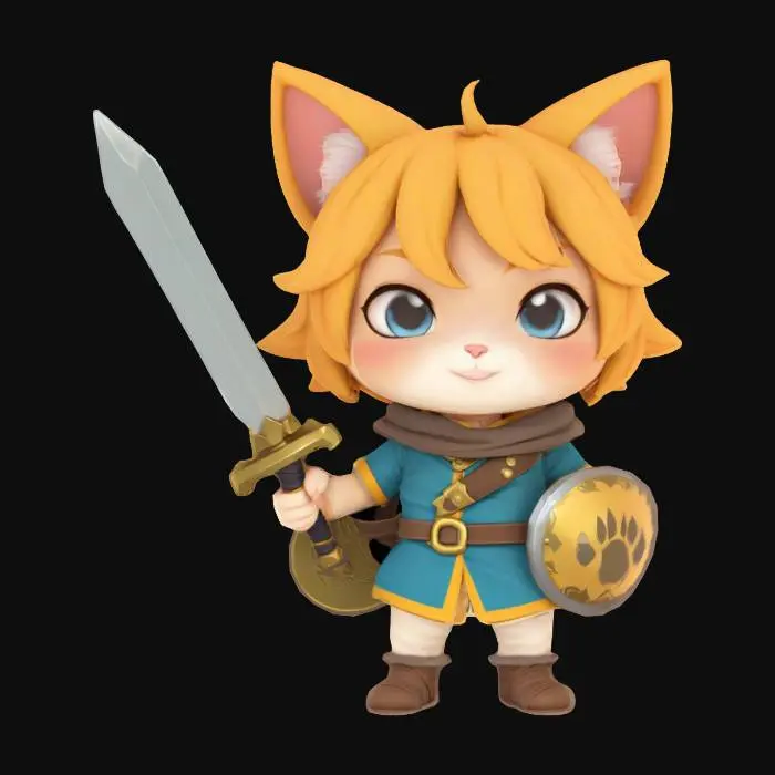 3D model for A chibi hero character for a MMO RPG in a moé anime style, the character itself is a cute catboy with cat ears and a cat tail, he is wielding a sword and a shield.