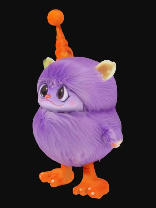 3D model for purple Fluffy Pouch with an orange pear-like peak and tiny little feet, as a mythical creature
