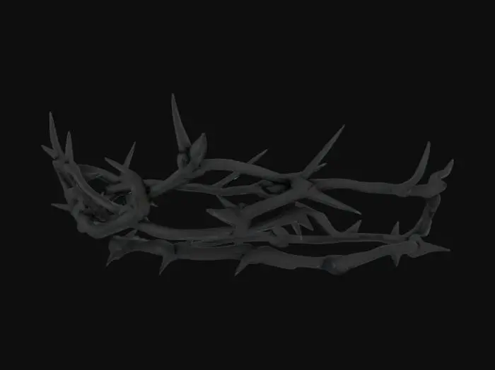 3D model for A gothic black crown of thorns, shaped as a simple ring worn on the head. Sharp twisted thorn branches wrapping around the band in a circular loop. Matte black metal with subtle shine, dark and intimidating, Chrome Hearts jewelry style, Roblox accessory style