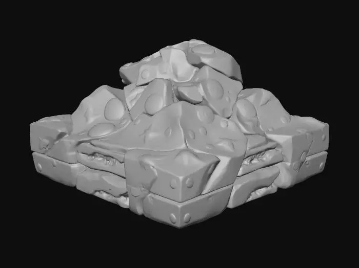 3D model for A 3D game asset of an underwater rock shaped like a CRACKED PYRAMID or a broken shard of pottery. Very defined edges and flat surfaces. Textured with barnacles on the flat planes and algae in the cracks. Stylized, modular asset.