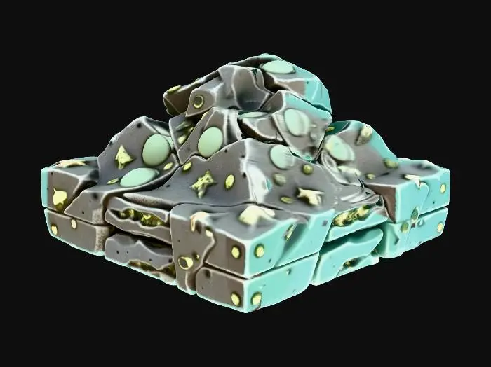 3D model for A 3D game asset of an underwater rock shaped like a CRACKED PYRAMID or a broken shard of pottery. Very defined edges and flat surfaces. Textured with barnacles on the flat planes and algae in the cracks. Stylized, modular asset.