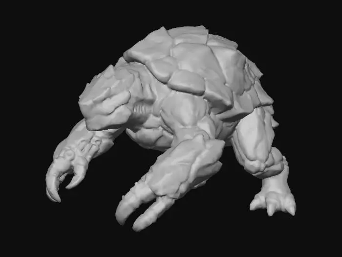 3D model for Alien species called Threxian Shellkin: a quadrupedal crustacean-reptilian creature adapted to a volcanic high-pressure world. Body is low and broad with a powerful stance. Thick layered shell like black obsidian and basalt, cracked seams glowing faint molten orange. Four muscular legs ending in clawed, rock-like feet. Two forward manipulator claws with segmented joints capable of tool use. Head partially armored with angular plates, small recessed eyes glowing amber, no visible mouth—vent slits along neck. Texture rough, stone-like, heat-scarred. Aged, heavy, tank-like silhouette. Hard sci-fi realism, detailed anatomy, high-poly, neutral pose.
