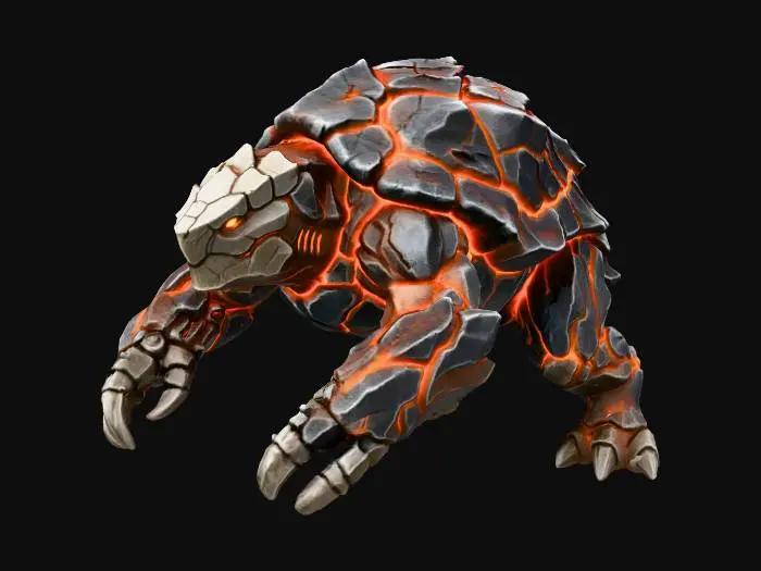 3D model for Alien species called Threxian Shellkin: a quadrupedal crustacean-reptilian creature adapted to a volcanic high-pressure world. Body is low and broad with a powerful stance. Thick layered shell like black obsidian and basalt, cracked seams glowing faint molten orange. Four muscular legs ending in clawed, rock-like feet. Two forward manipulator claws with segmented joints capable of tool use. Head partially armored with angular plates, small recessed eyes glowing amber, no visible mouth—vent slits along neck. Texture rough, stone-like, heat-scarred. Aged, heavy, tank-like silhouette. Hard sci-fi realism, detailed anatomy, high-poly, neutral pose.