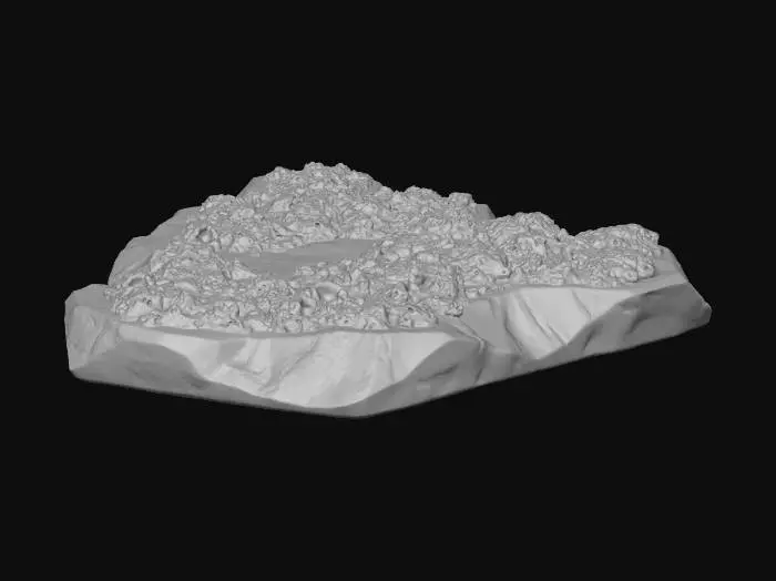 3D model for A wide, completely FLAT, horizontal rock shelf, like a triangular or pentagonal PLATE. Very low height, large surface area. Top is covered in barnacles. The edges are sharply bevelled, not rounded. A terrain platform asset.