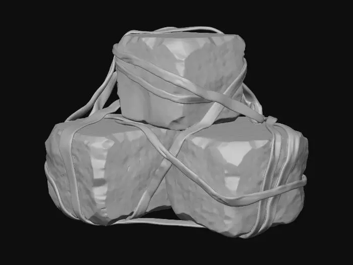 3D model for A cluster of three distinctly SEPARATE, boxy and angular small rocks piled together. Each small rock is like a rough, miniature BRICK or a D6 die with chipped corners. Kelp ties them together. Non-spherical, geometric shapes.