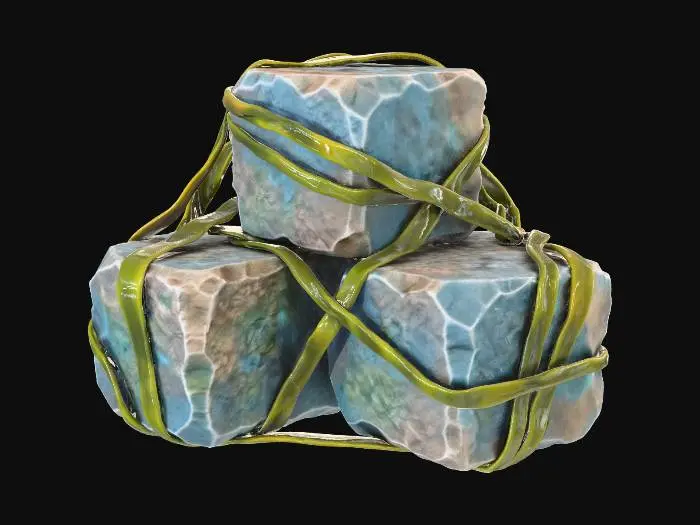3D model for A cluster of three distinctly SEPARATE, boxy and angular small rocks piled together. Each small rock is like a rough, miniature BRICK or a D6 die with chipped corners. Kelp ties them together. Non-spherical, geometric shapes.