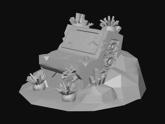 3D model for A low-poly, corroded metal control console half-embedded in an angular seabed rock. Has a few intact buttons and a cracked screen emitting a faint blue holographic glyph. Overgrown with rust-colored coral and anemones. Sci-fi underwater asset.