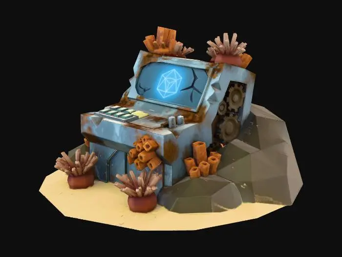 3D model for A low-poly, corroded metal control console half-embedded in an angular seabed rock. Has a few intact buttons and a cracked screen emitting a faint blue holographic glyph. Overgrown with rust-colored coral and anemones. Sci-fi underwater asset.
