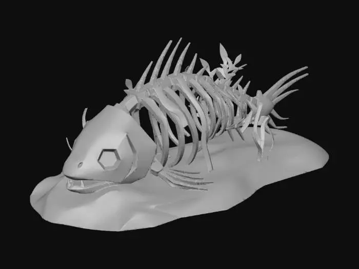 3D model for A stylized, clean 3D model of a large, non-human aquatic creature skeleton. Angular bones (like a giant fish or crustacean) half-buried in the sand, draped with seaweed. Bleached white color. A environmental storytelling asset.