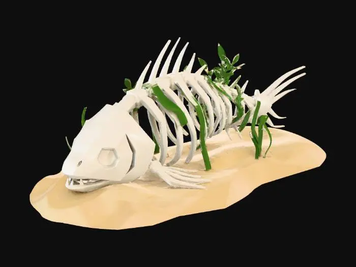 3D model for A stylized, clean 3D model of a large, non-human aquatic creature skeleton. Angular bones (like a giant fish or crustacean) half-buried in the sand, draped with seaweed. Bleached white color. A environmental storytelling asset.