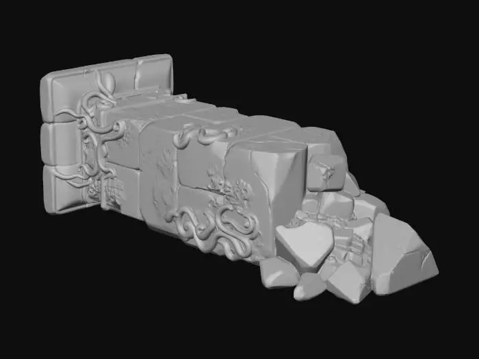 3D model for A broken, angular pillar from an ancient ruin. Made of large, rectangular stone blocks, now toppled and covered in thick green algae and tube worms. One end is shattered into geometric fragments. Modular ruin piece.