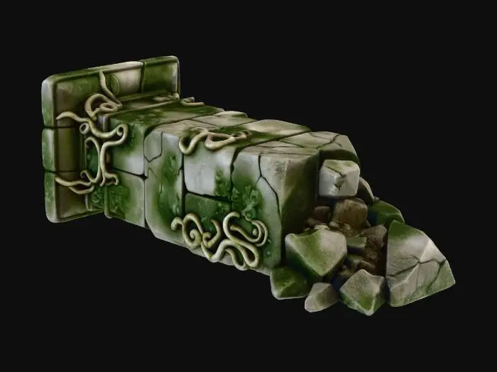3D model for A broken, angular pillar from an ancient ruin. Made of large, rectangular stone blocks, now toppled and covered in thick green algae and tube worms. One end is shattered into geometric fragments. Modular ruin piece.