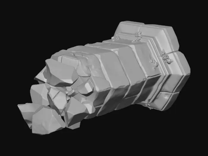 3D model for A broken, angular pillar from an ancient ruin. Made of large, rectangular stone blocks, now toppled and covered in thick green algae and tube worms. One end is shattered into geometric fragments. Modular ruin piece.