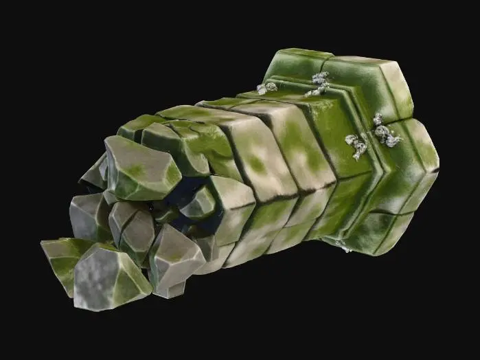 3D model for A broken, angular pillar from an ancient ruin. Made of large, rectangular stone blocks, now toppled and covered in thick green algae and tube worms. One end is shattered into geometric fragments. Modular ruin piece.