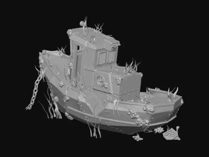 3D model for A stylized, sunken tugboat resting upright on the ocean floor. The silhouette is intact but heavily corroded; the wheelhouse is broken, and the stern is crushed. Every surface is covered in dense barnacles, anemones, and rust. A large anchor chain hangs off the bow. Low-poly game asset, atmospheric and eerie.