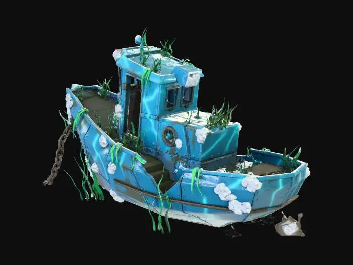 3D model for A stylized, sunken tugboat resting upright on the ocean floor. The silhouette is intact but heavily corroded; the wheelhouse is broken, and the stern is crushed. Every surface is covered in dense barnacles, anemones, and rust. A large anchor chain hangs off the bow. Low-poly game asset, atmospheric and eerie.