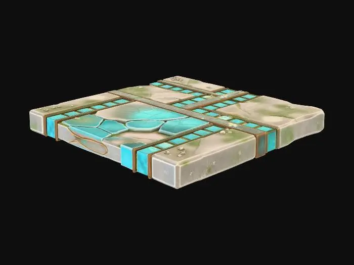 3D model for A stylized, low-poly game asset for a modular ancient underwater temple kit. PBR materials, eroded stone with turquoise tiles and oxidized metal details. Light algae and barnacle growth. This is a FLOOR TILE SEGMENT: a large, square slab of stone and turquoise tilework in a geometric pattern. One cracked tile. Flat plane with clean edges for seamless tiling.