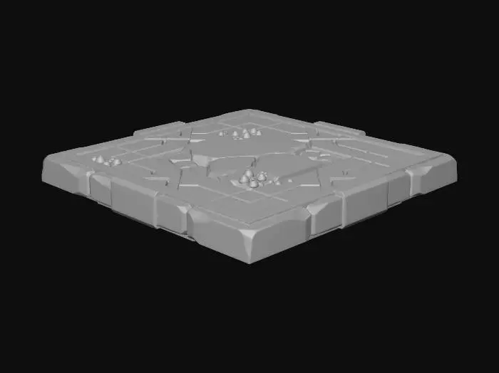 3D model for A stylized, low-poly game asset for a modular ancient underwater temple kit. PBR materials, eroded stone with turquoise tiles and oxidized metal details. Light algae and barnacle growth. This is a FLOOR TILE SEGMENT: a large, square slab of stone and turquoise tilework in a geometric pattern. One cracked tile. Flat plane with clean edges for seamless tiling.