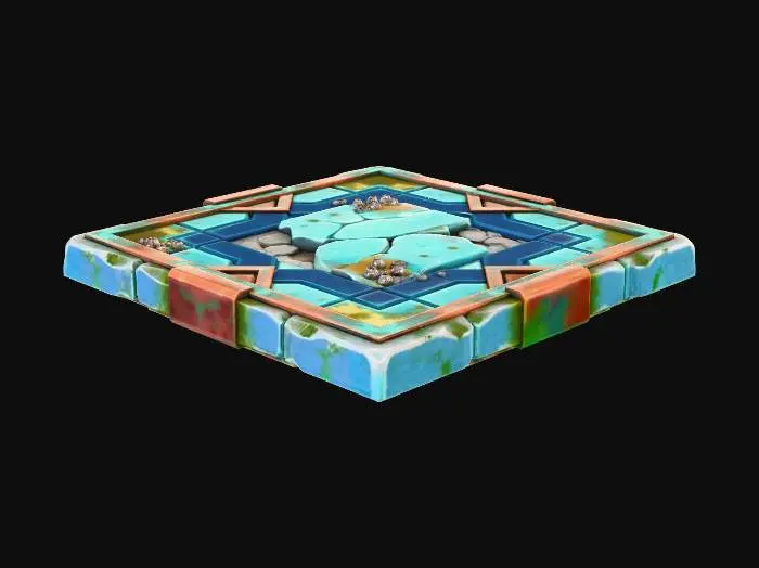 3D model for A stylized, low-poly game asset for a modular ancient underwater temple kit. PBR materials, eroded stone with turquoise tiles and oxidized metal details. Light algae and barnacle growth. This is a FLOOR TILE SEGMENT: a large, square slab of stone and turquoise tilework in a geometric pattern. One cracked tile. Flat plane with clean edges for seamless tiling.