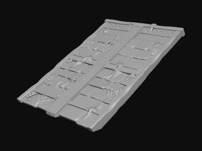 3D model for A stylized, low-poly game asset for a modular ancient underwater temple kit. PBR materials, eroded stone with turquoise tiles and oxidized metal details. Light algae and barnacle growth. This is a SLOPED ROOF PLANE: a long, rectangular slab of stone and tile sloping upward at 45 degrees. Features carved stone shingles. Clean, straight edges on all sides. Floating in empty space, NO environment.