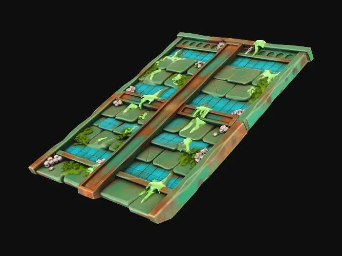 3D model for A stylized, low-poly game asset for a modular ancient underwater temple kit. PBR materials, eroded stone with turquoise tiles and oxidized metal details. Light algae and barnacle growth. This is a SLOPED ROOF PLANE: a long, rectangular slab of stone and tile sloping upward at 45 degrees. Features carved stone shingles. Clean, straight edges on all sides. Floating in empty space, NO environment.
