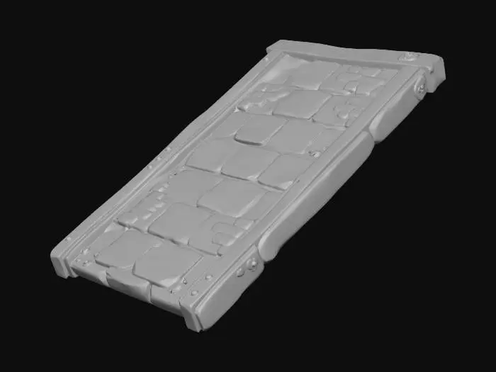 3D model for A stylized, low-poly game asset for a modular ancient underwater temple kit. PBR materials, eroded stone with turquoise tiles and oxidized metal details. Light algae and barnacle growth. This is a SLOPED ROOF PLANE: a long, rectangular slab of stone and tile sloping upward at 45 degrees. Features carved stone shingles. Clean, straight edges on all sides. Floating in empty space, NO environment.