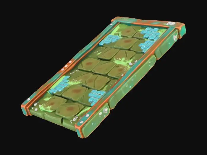 3D model for A stylized, low-poly game asset for a modular ancient underwater temple kit. PBR materials, eroded stone with turquoise tiles and oxidized metal details. Light algae and barnacle growth. This is a SLOPED ROOF PLANE: a long, rectangular slab of stone and tile sloping upward at 45 degrees. Features carved stone shingles. Clean, straight edges on all sides. Floating in empty space, NO environment.